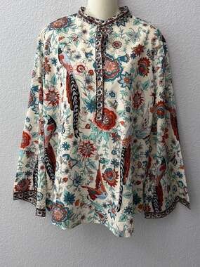 Boho Floral and Bird Print Mandarin Collar Blouse unbranded